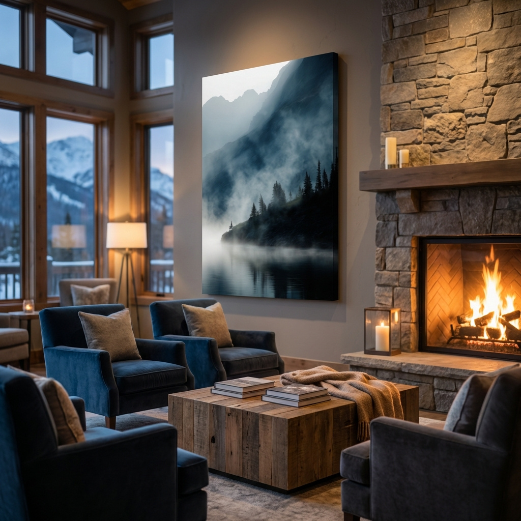 Mockup of Misty Alpine Lake Landscape Photography - Foggy Pine Forest Nature Wall Art