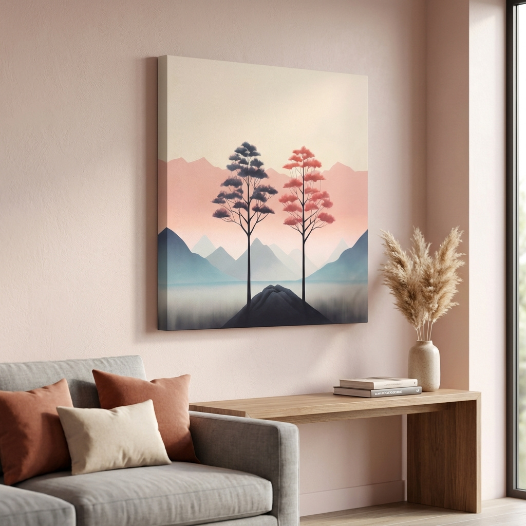 Mockup of Minimalist Twin Pine Trees Landscape - Serene Pastel Mountain Lake Wall Art