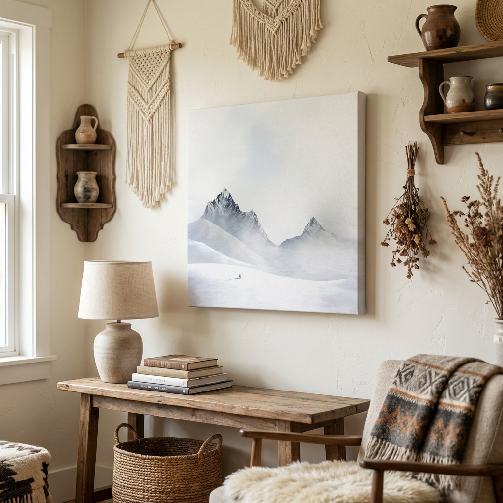 Mockup of Minimalist Snowy Mountain Landscape Painting - Monochrome Winter Wilderness Wall Art