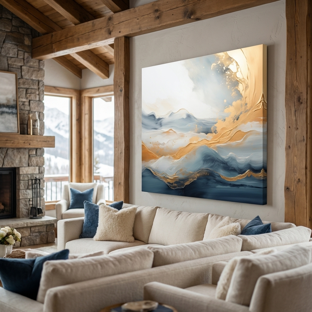 Mockup of Fluid Abstract Blue And Gold Mountain Landscape - Modern Mixed Media Wall Art