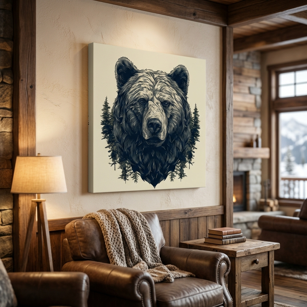 Mockup of Grizzly Bear Portrait Illustration Artwork - Vintage Wilderness Forest Wall Art