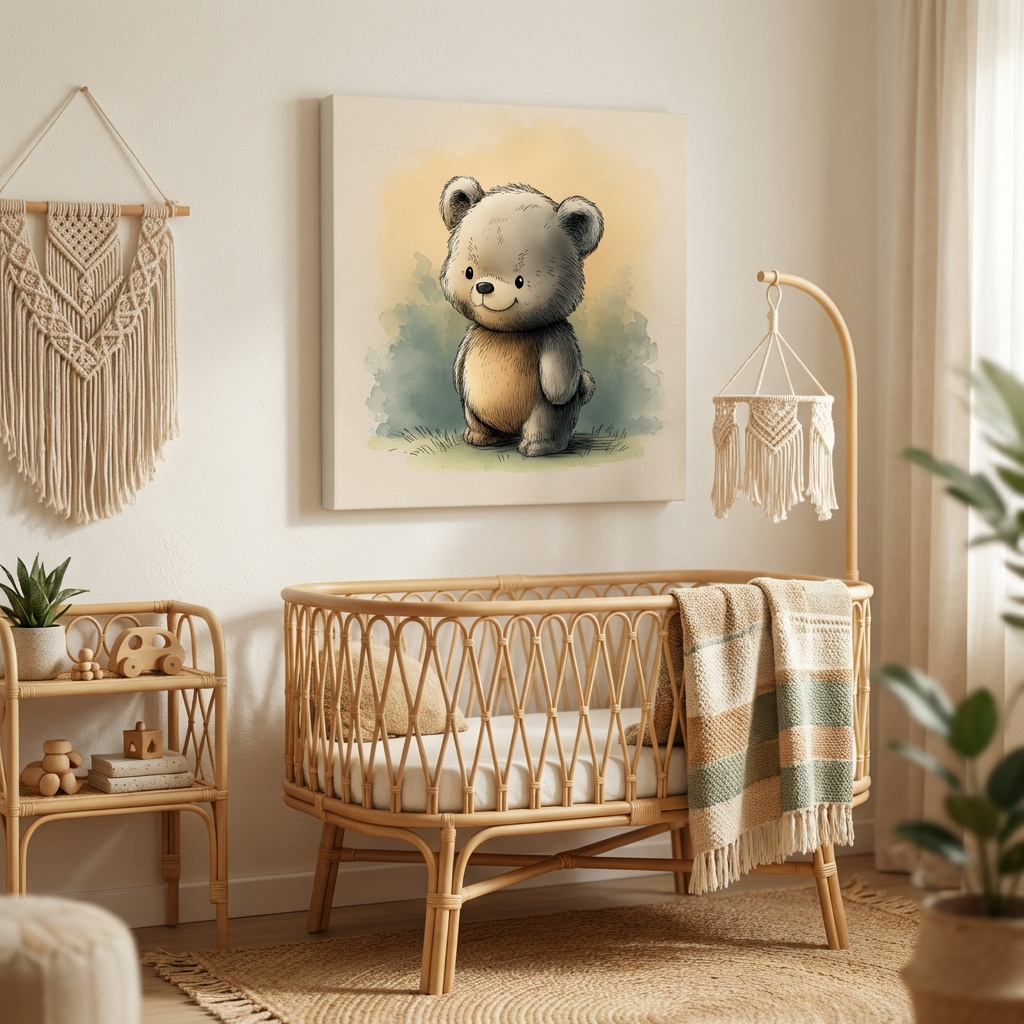 Mockup of Cute Watercolor Teddy Bear Illustration - Whimsical Nursery Animal Wall Art