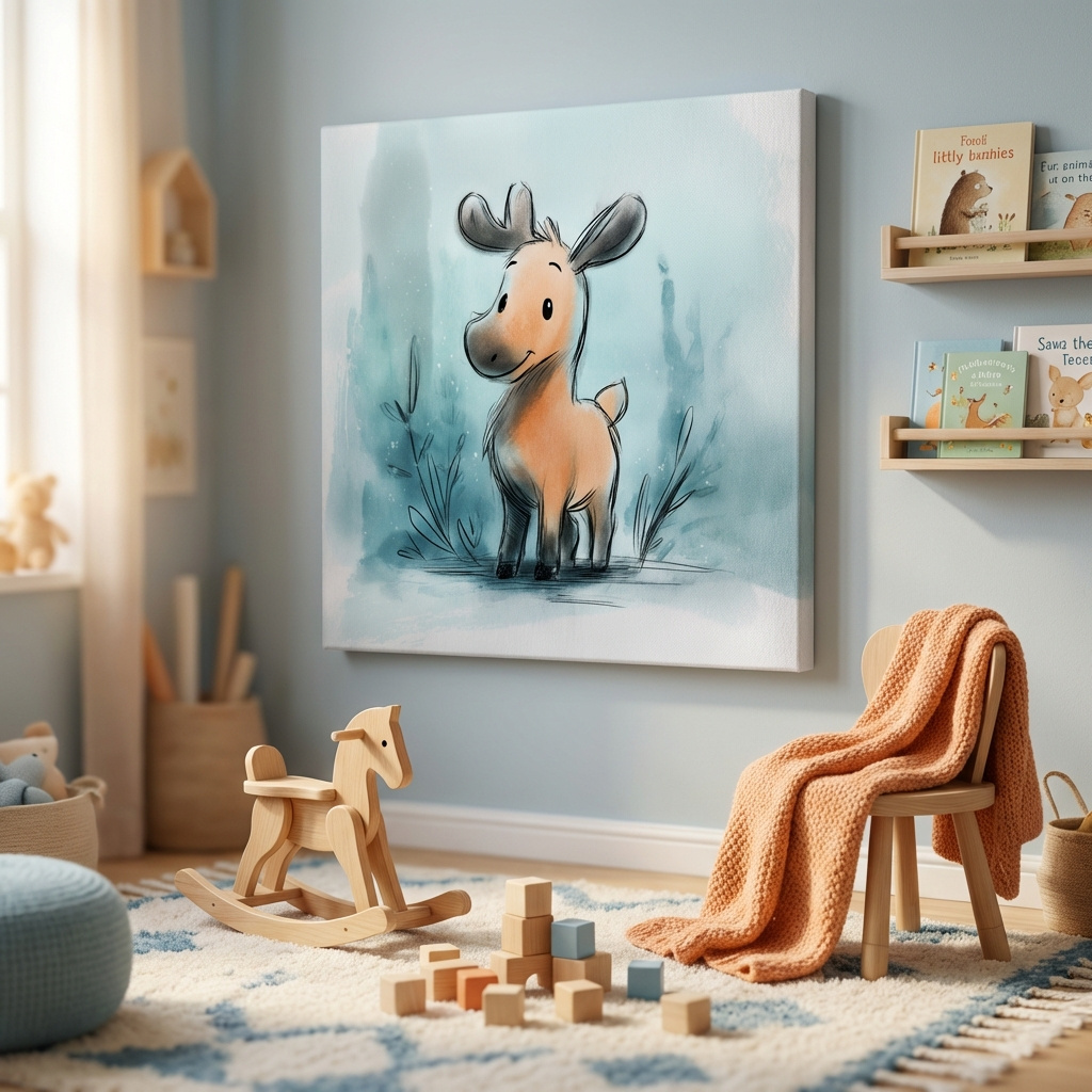 Mockup of Cute Baby Moose Watercolor Illustration - Whimsical Nursery Wildlife Wall Art