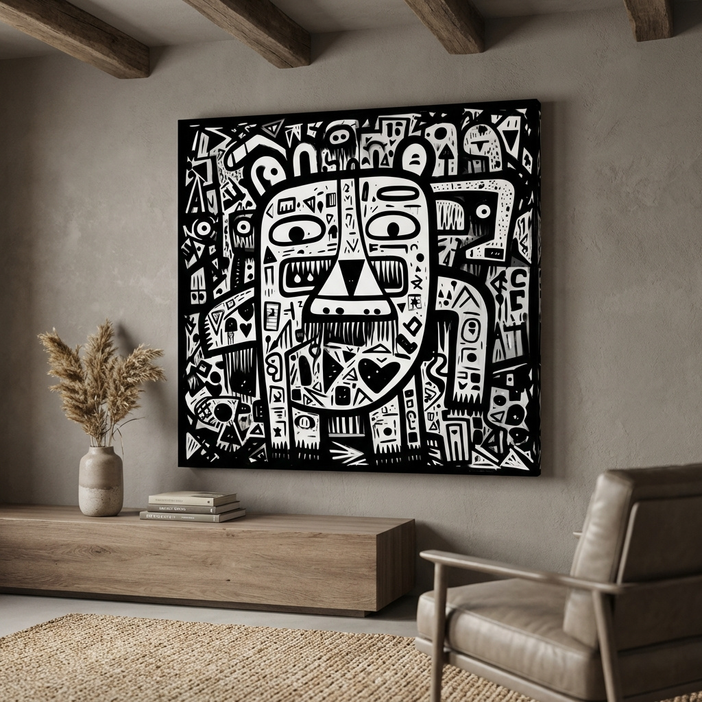Mockup of Abstract Black And White Graffiti Bear Doodle Art - Bold Geometric Animal Wall Art