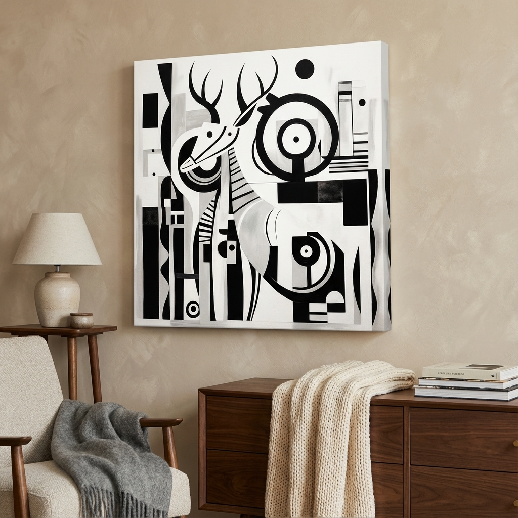 Mockup of Abstract Geometric Deer Artwork - Mid-Century Black And White Animal Wall Art