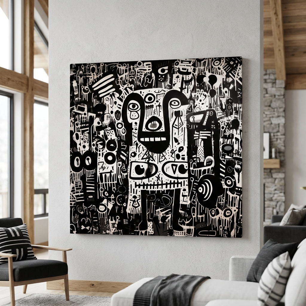 Mockup of Black And White Abstract Graffiti Bear - Urban Street Art Wall Artwork
