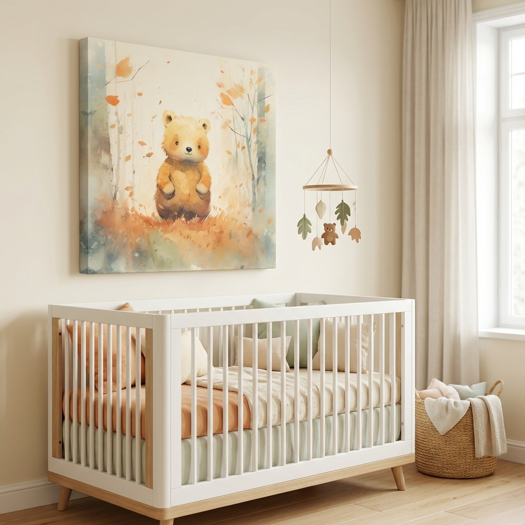 Mockup of Cute Watercolor Bear Cub In Autumn Forest - Whimsical Nursery Animal Wall Art