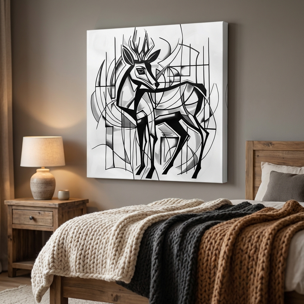 Mockup of Cubism Abstract Stag Artwork - Modern Black And White Wildlife Wall Art