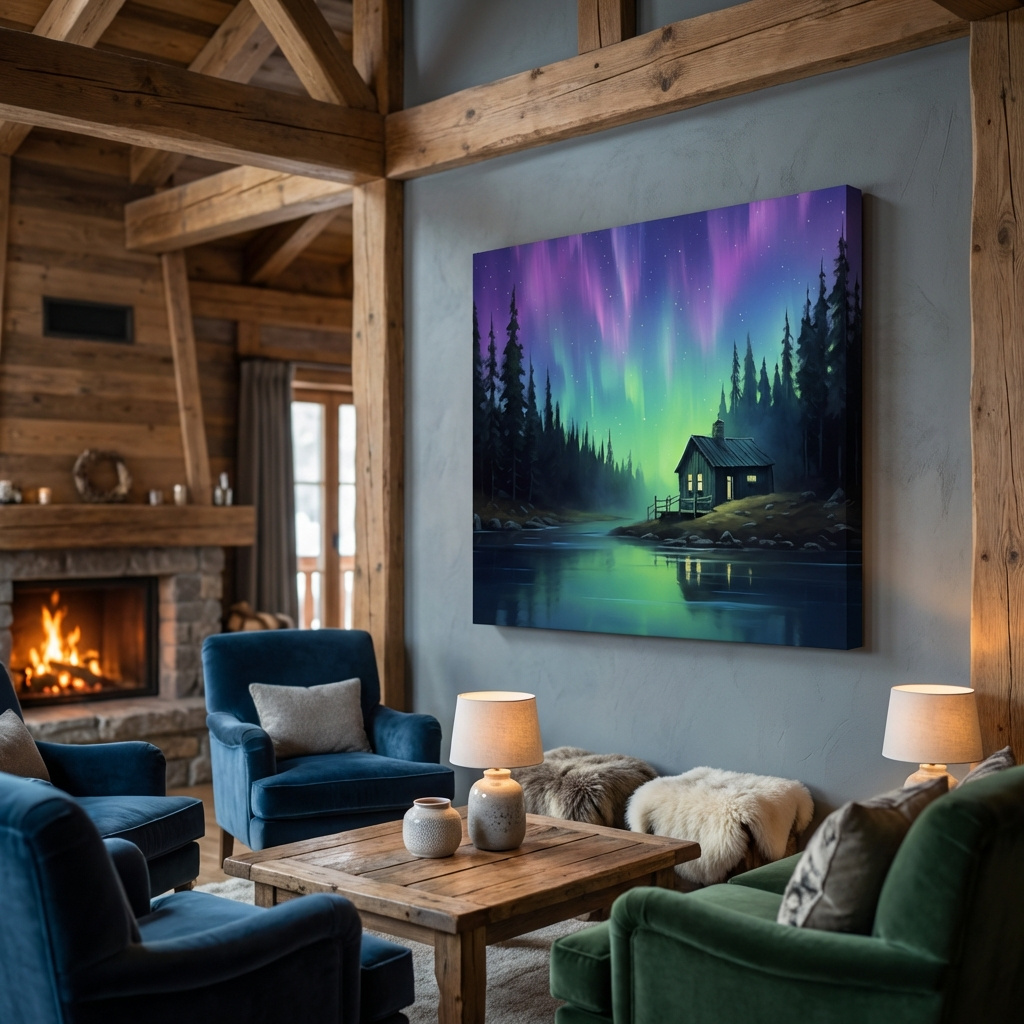 Mockup of Northern Lights Over Lakeside Cabin Painting - Aurora Borealis Night Wall Art