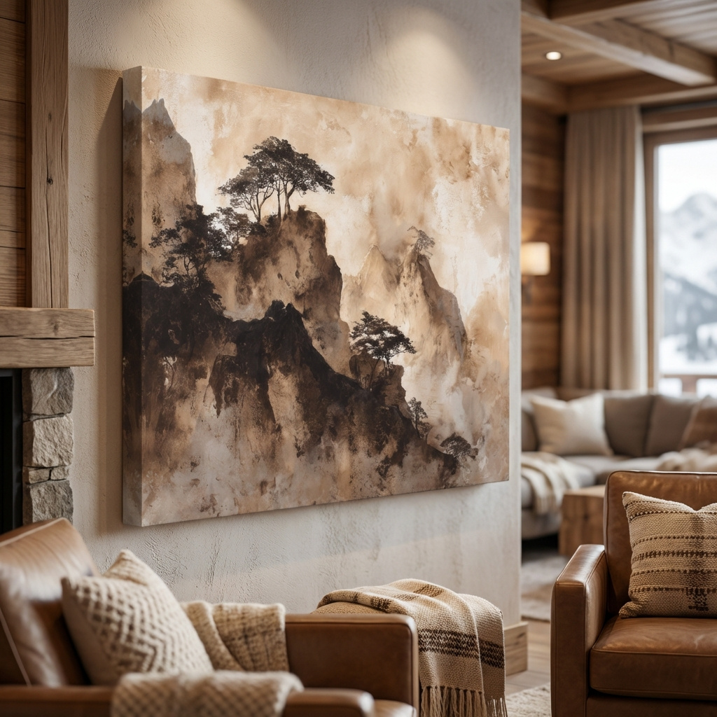 Mockup of Sepia Japandi Mountain Ridge Painting - Atmospheric Ink Wash Art