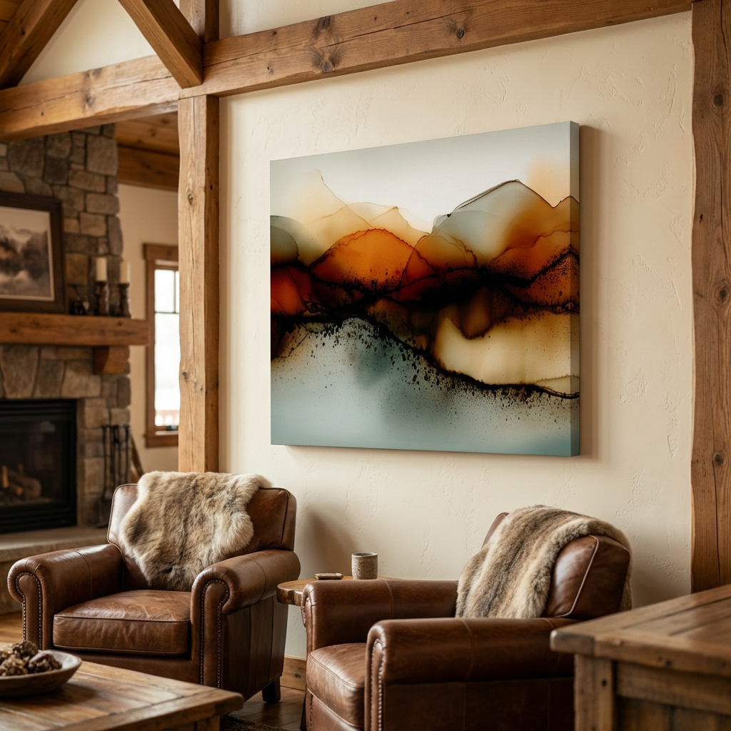 Mockup of Moody Abstract Sepia Mountain Layers - Modern Alcohol Ink Landscape Wall Art