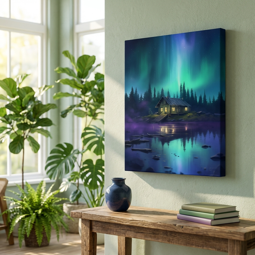 Mockup of Vibrant Northern Lights Cabin Lake Painting - Aurora Borealis Night Wall Art