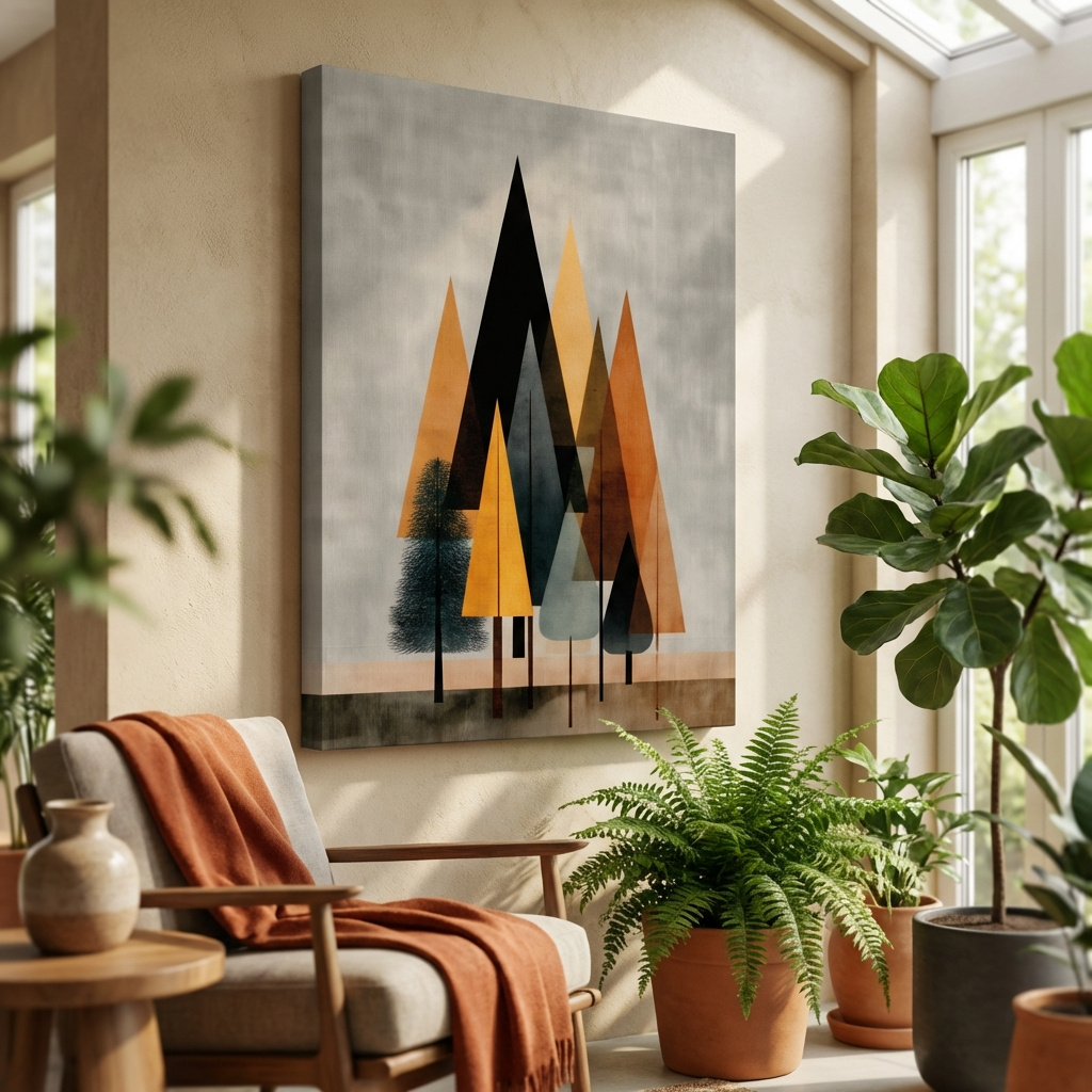 Mockup of Minimalist Geometric Pine Tree Forest - Mid Century Modern Scandinavian Wall Art