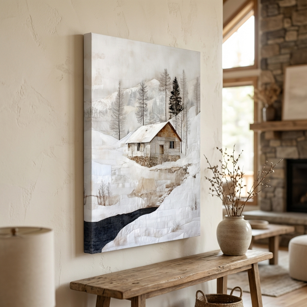 Mockup of Snowy Mountain Cabin Textured Painting - Winter Landscape Wall Art