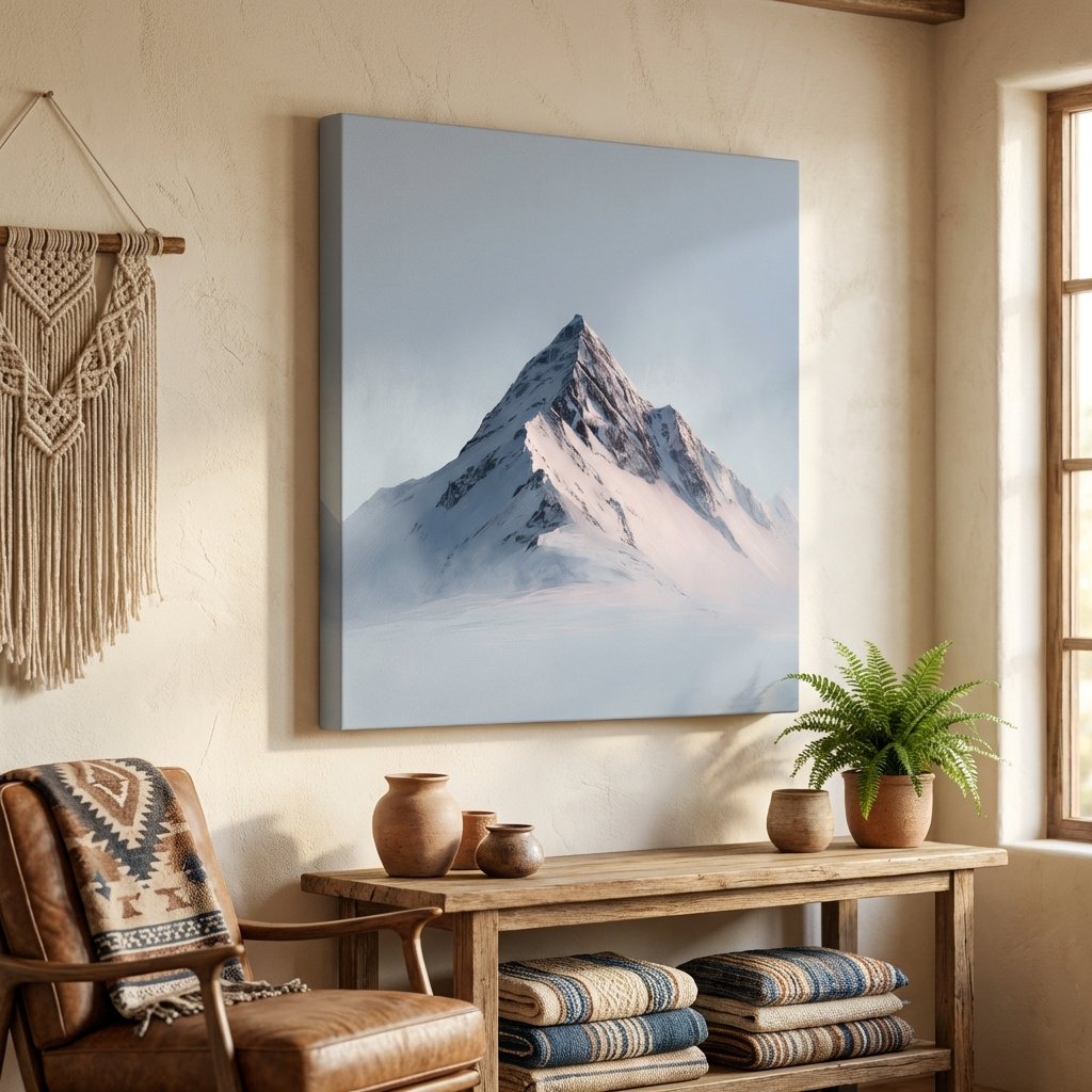 Mockup of Minimalist Snowy Alpine Peak Painting - Serene Winter Mountain Wall Art