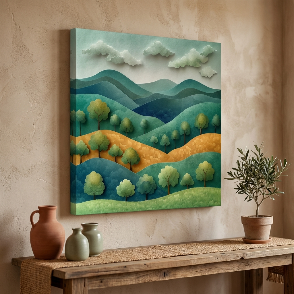 Mockup of Whimsical Paper Cut Forest Hillscape - Layered 3D Mountains Landscape Wall Art