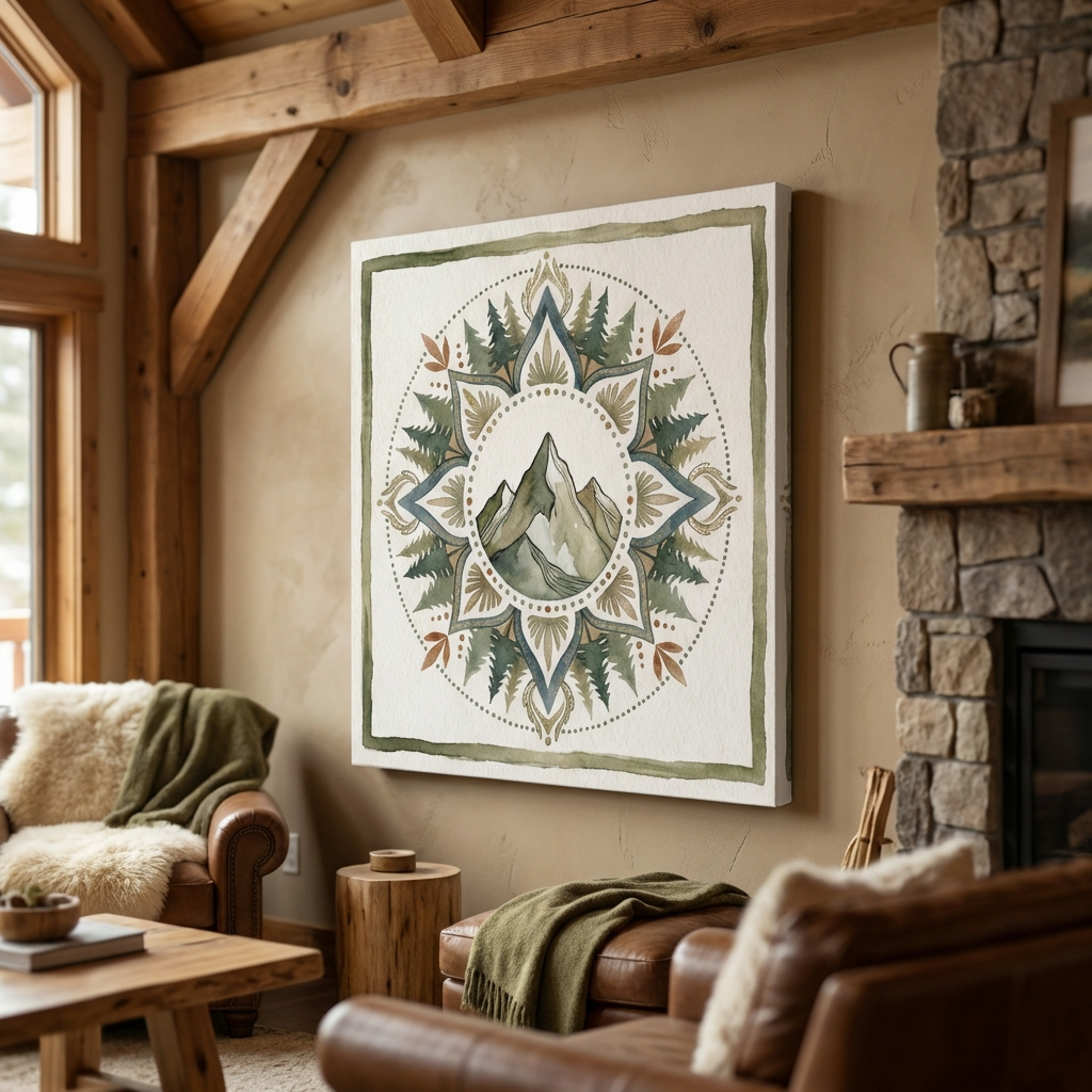 Mockup of Mountain Mandala Watercolor - Boho Botanical Nature Wall Art