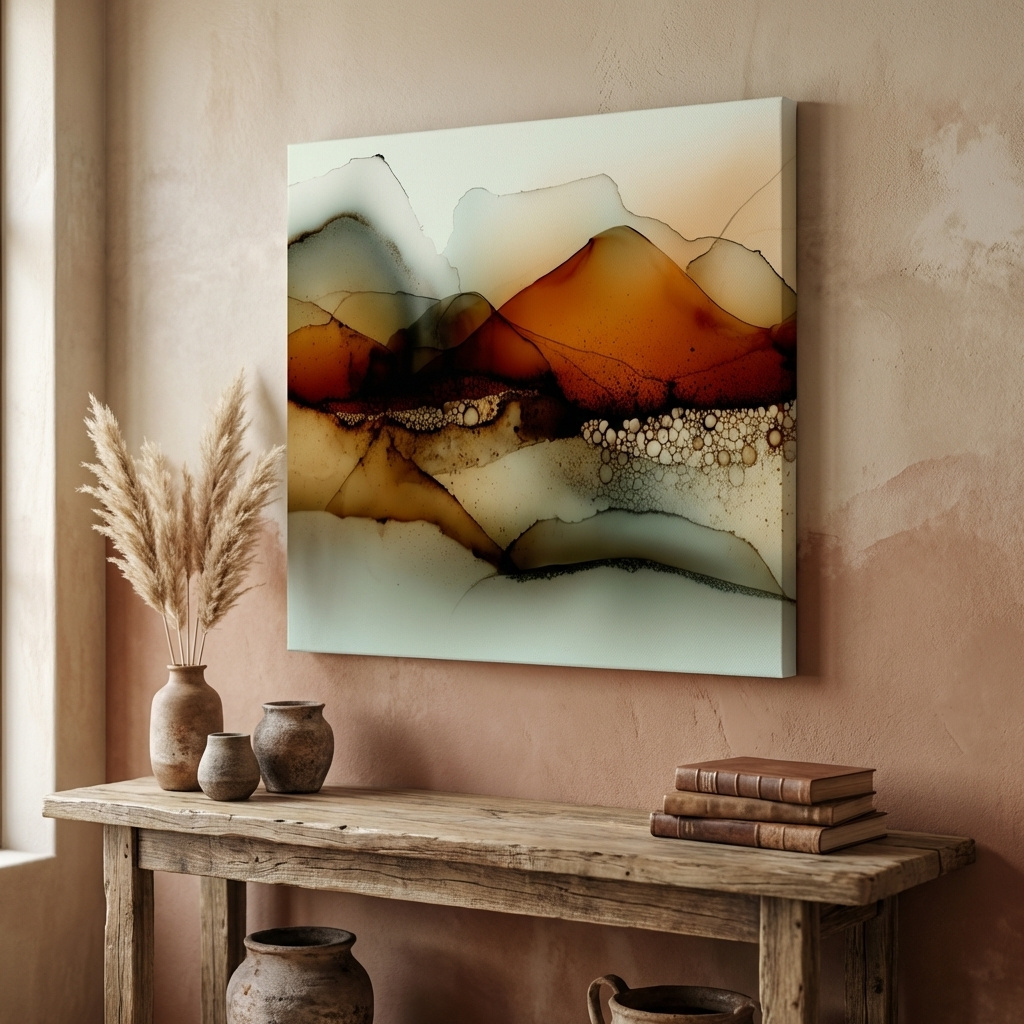 Mockup of Amber Alcohol Ink Mountains - Abstract Landscape Wall Art