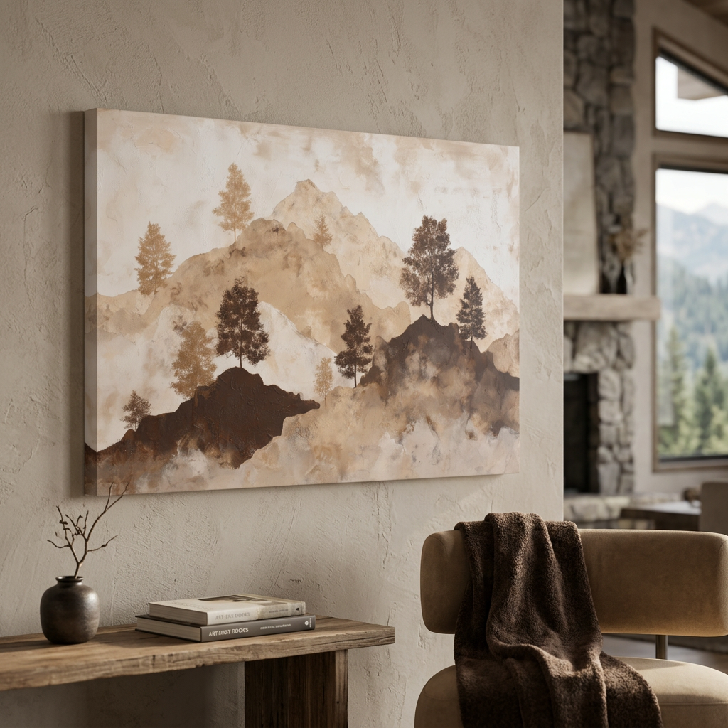 Mockup of Wabi-Sabi Mountain Tree Silhouettes Painting - Minimalist Landscape Wall Art