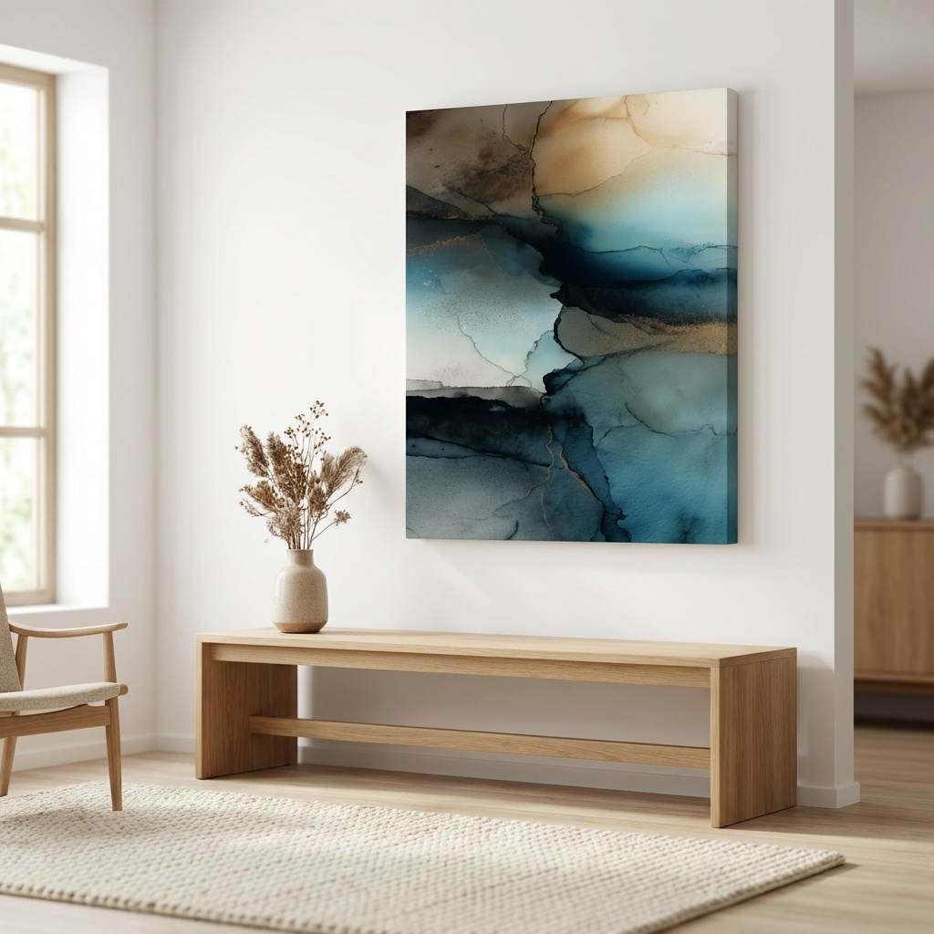 Mockup of Moody Teal Ink Wash Abstract - Alcohol Ink Style Mountain Wall Art