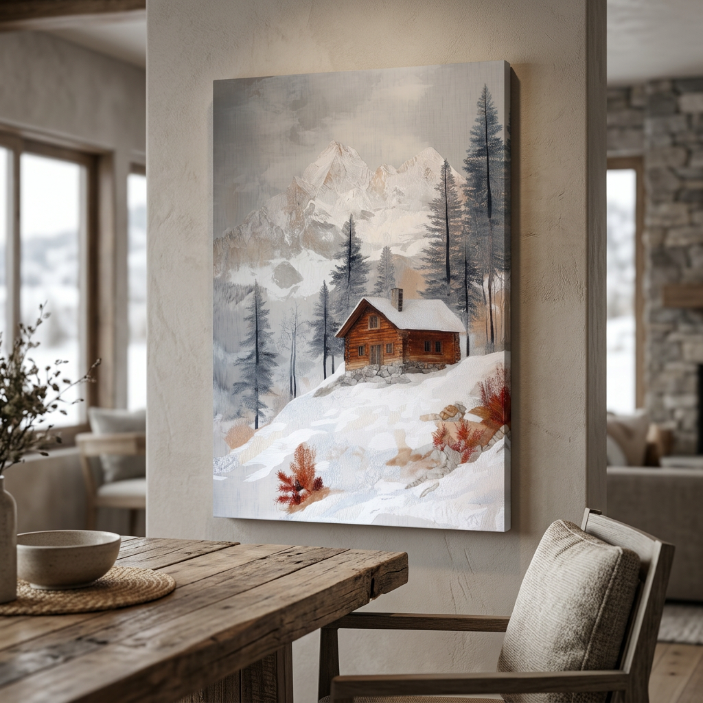 Mockup of Snowy Mountain Cabin Landscape Painting - Rustic Winter Wilderness Wall Art