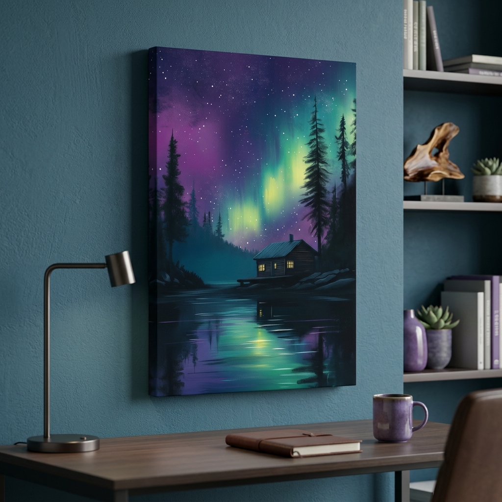 Mockup of Aurora Borealis Lake Cabin Painting - Northern Lights Wall Art