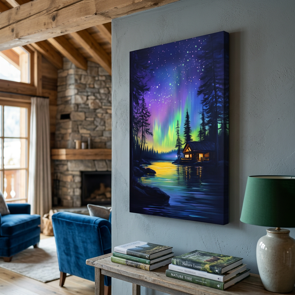 Mockup of Vibrant Northern Lights Lakeside Cabin Painting - Aurora Borealis Night Landscape Wall Art