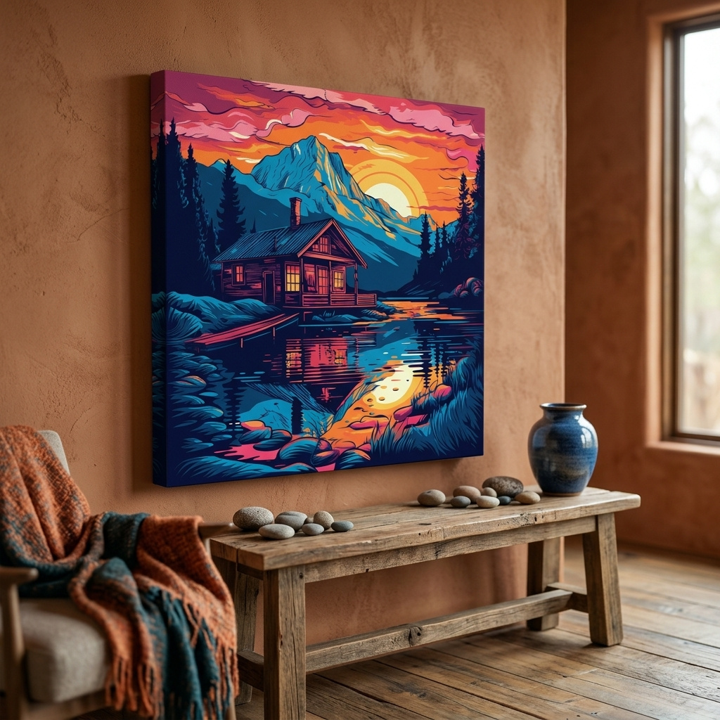 Mockup of Vibrant Retro Alpine Lake Cabin Sunset - Vector Mountain Wall Art