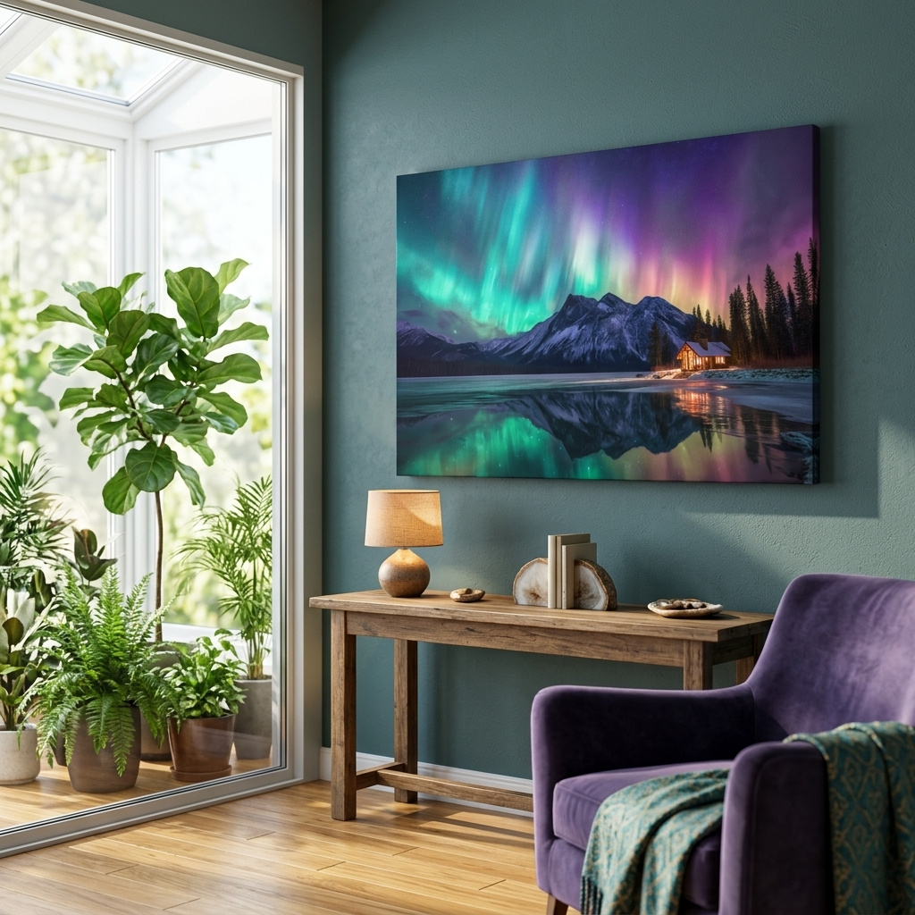 Mockup of Vibrant Northern Lights Over Mountain Lake Cabin - Aurora Borealis Landscape Wall Art