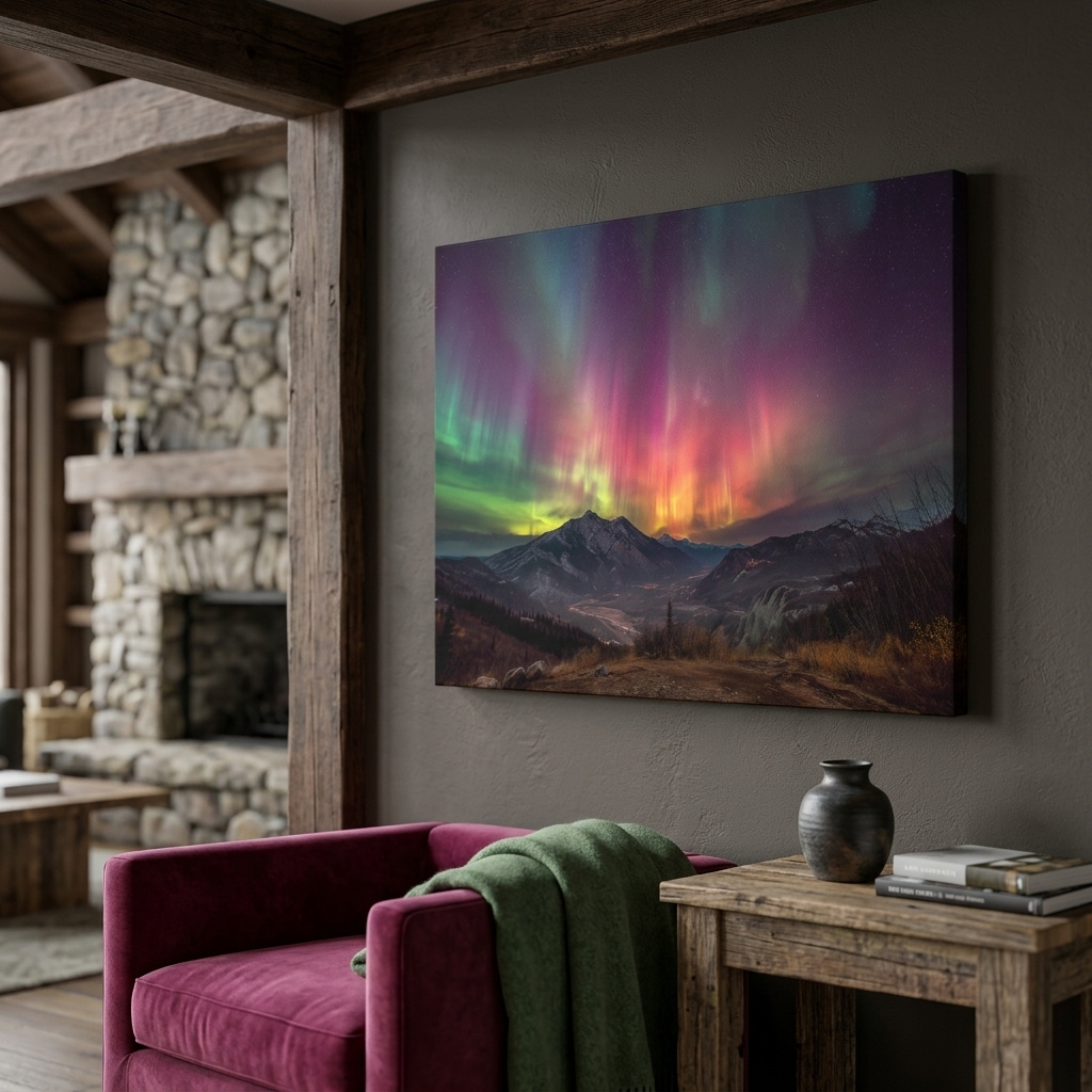 Mockup of Vibrant Aurora Borealis Over Mountain Range - Colorful Northern Lights Landscape Wall Art