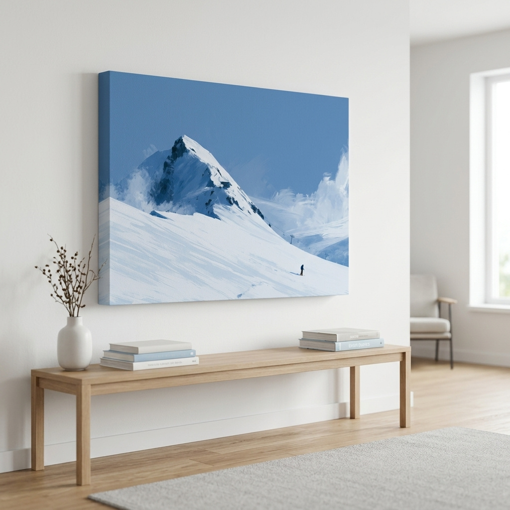 Mockup of Minimalist Backcountry Skier Painting - Alpine Winter Landscape Wall Art
