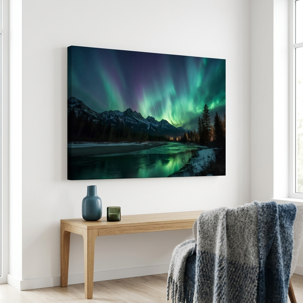 Mockup of Vibrant Green Northern Lights Over Frozen Lake - Aurora Borealis Landscape Wall Art