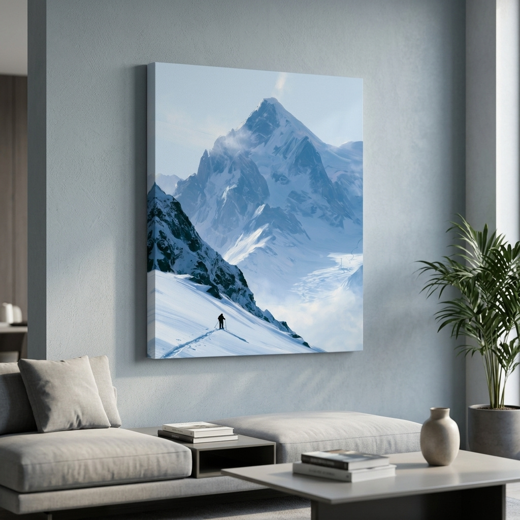 Mockup of Backcountry Skier Alpine Peak Landscape - Minimalist Winter Mountain Wall Art