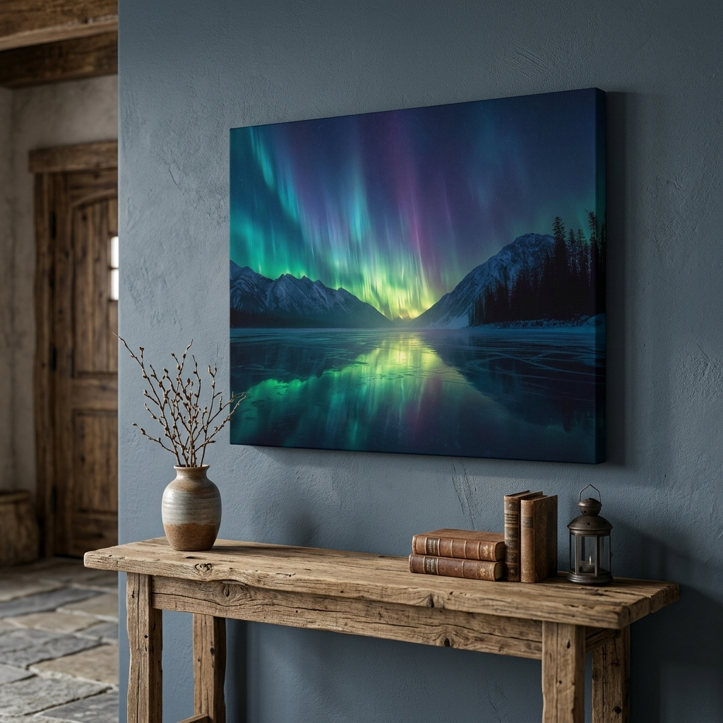 Mockup of Vibrant Northern Lights Over Icy Mountain Lake - Aurora Borealis Wall Art