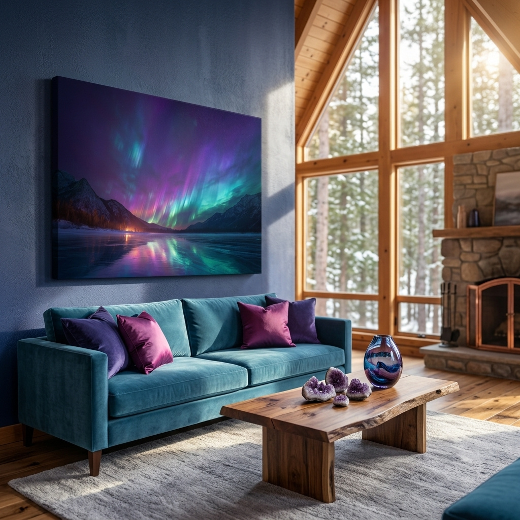 Mockup of Vibrant Aurora Borealis Over Frozen Lake - Northern Lights Mountain Wall Art