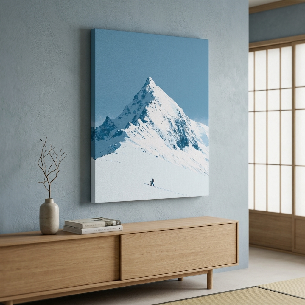 Mockup of Snowy Alpine Peak Backcountry Skier - Minimalist Mountain Wall Art