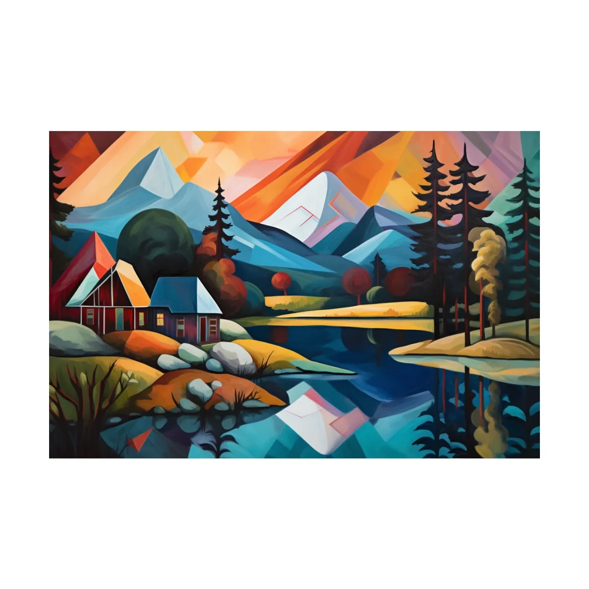 Vibrant Geometric Mountain Lake Cabin Oil Painting - Modern Abstract Wall Art