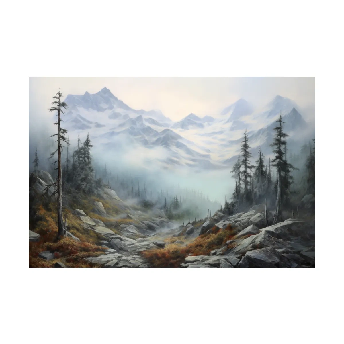 Misty Alpine Valley Painting - Moody Foggy Mountain Landscape Wall Art