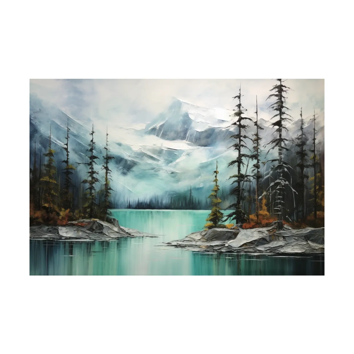 Misty Turquoise Mountain Lake Painting - Serene Alpine Forest Landscape Wall Art