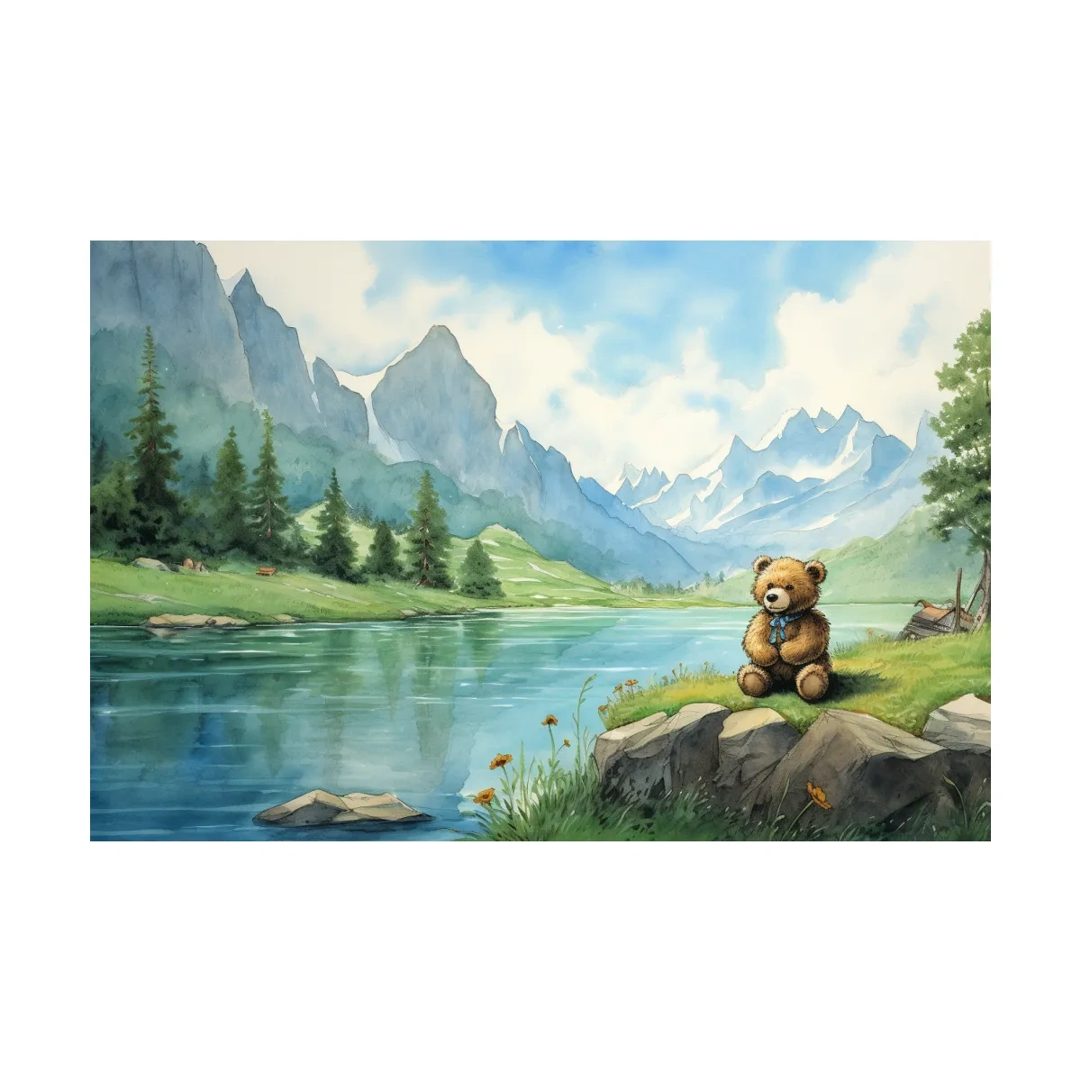 Whimsical Teddy Bear By Mountain Lake - Cute Watercolor Nursery Wall Art