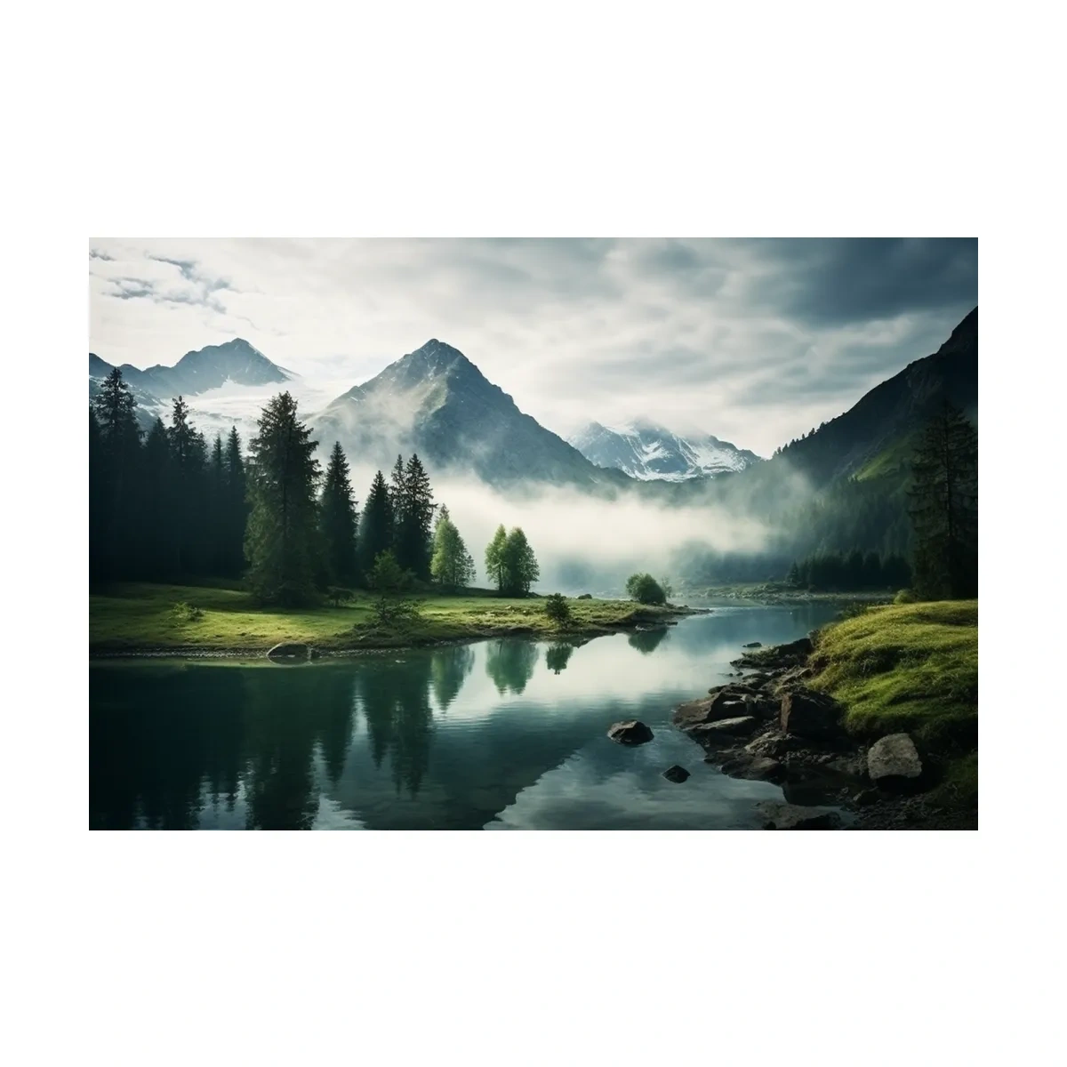 Misty Alpine Lake Reflection Landscape - Mountain Forest Photographic Wall Art