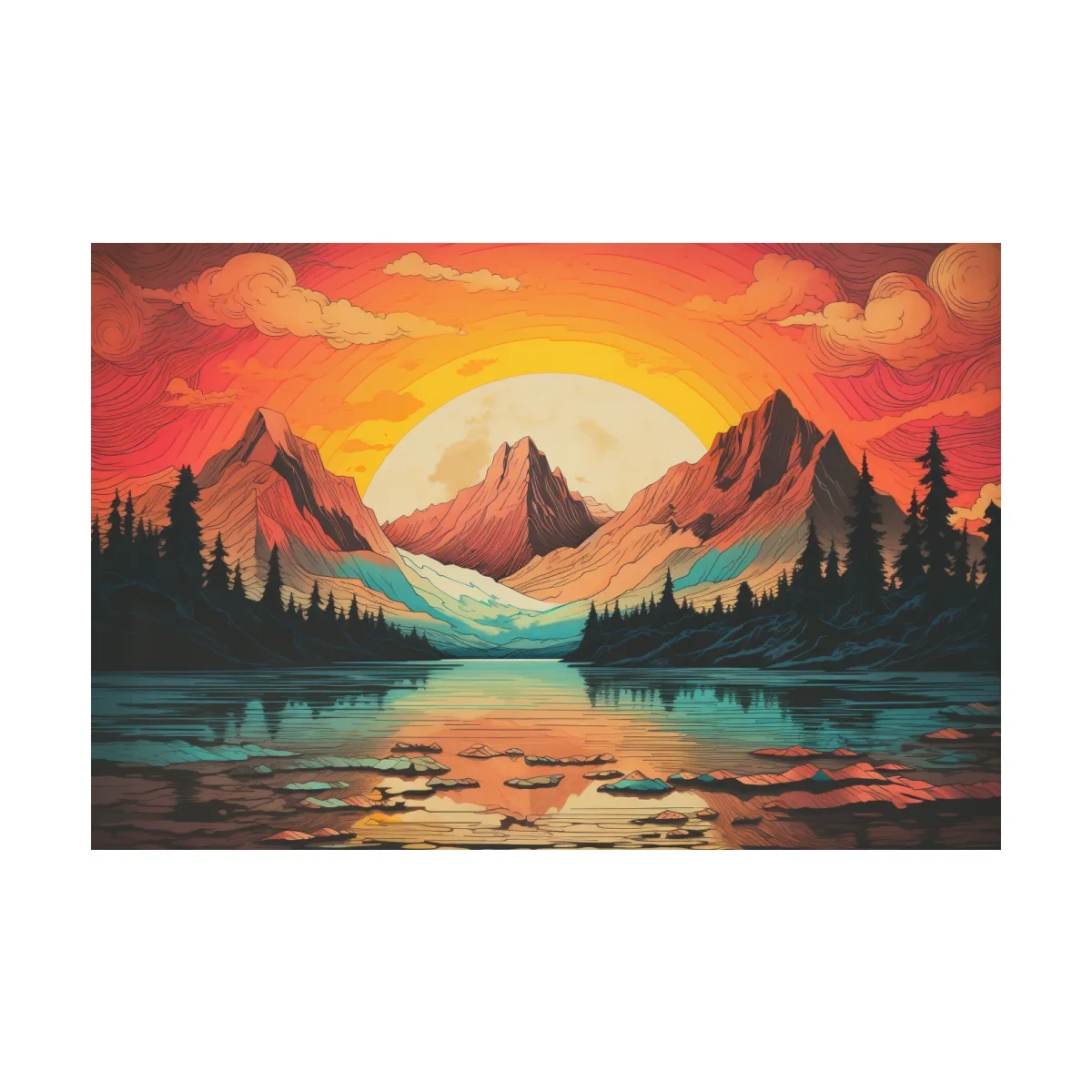 Vibrant Retro Alpine Lake Sunset - Stylized Mountain Wall Art