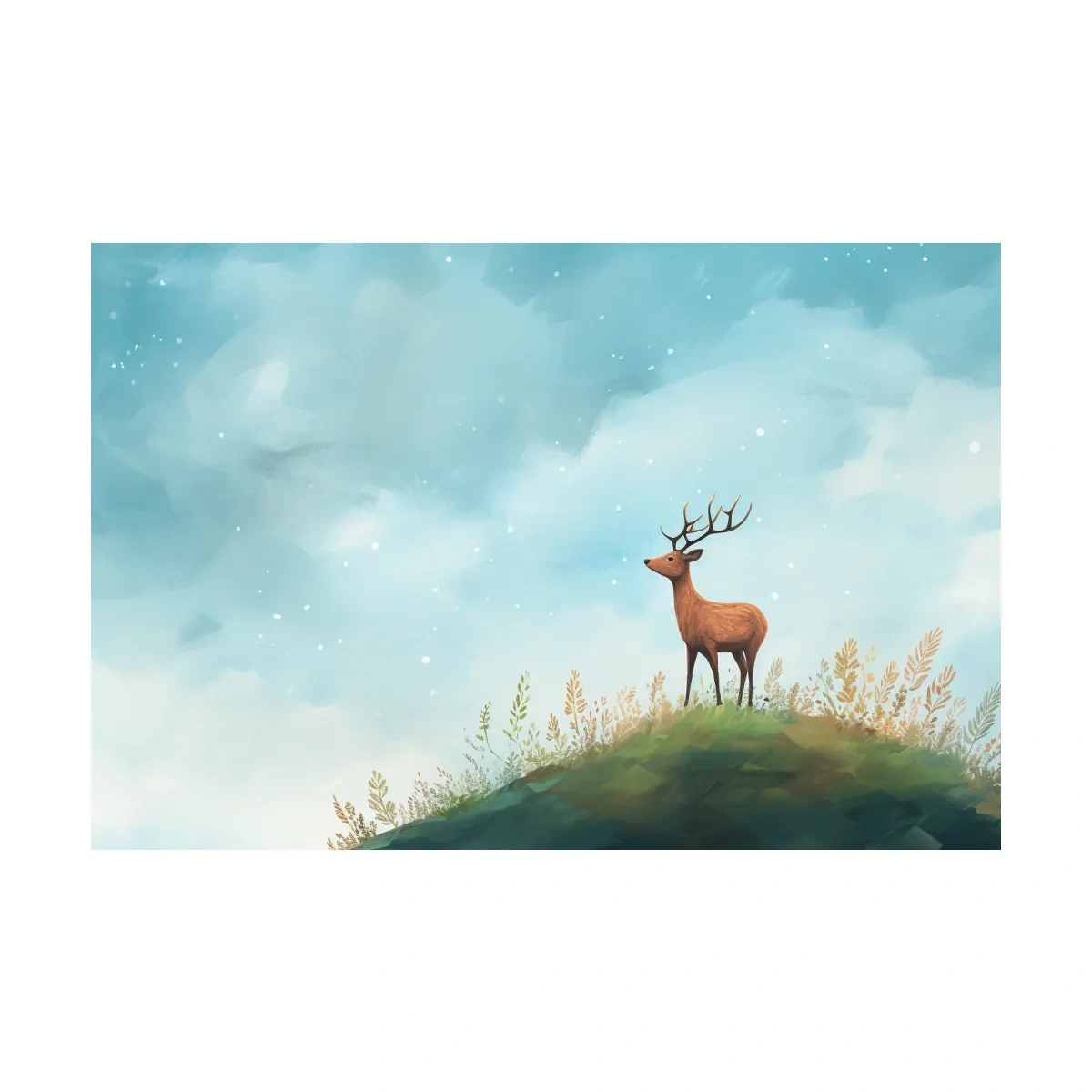 Whimsical Watercolor Stag On Meadow Hill - Nursery Woodland Wildlife Wall Art