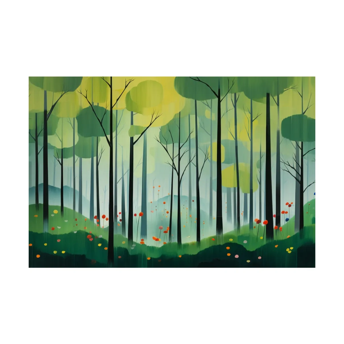 Whimsical Misty Forest Grove Illustration - Woodland Landscape Wall Art