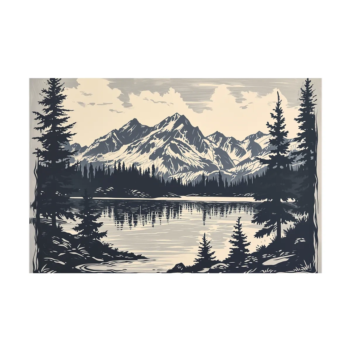 Vintage Alpine Lake Mountain Illustration - Monochrome Linocut Style Artwork
