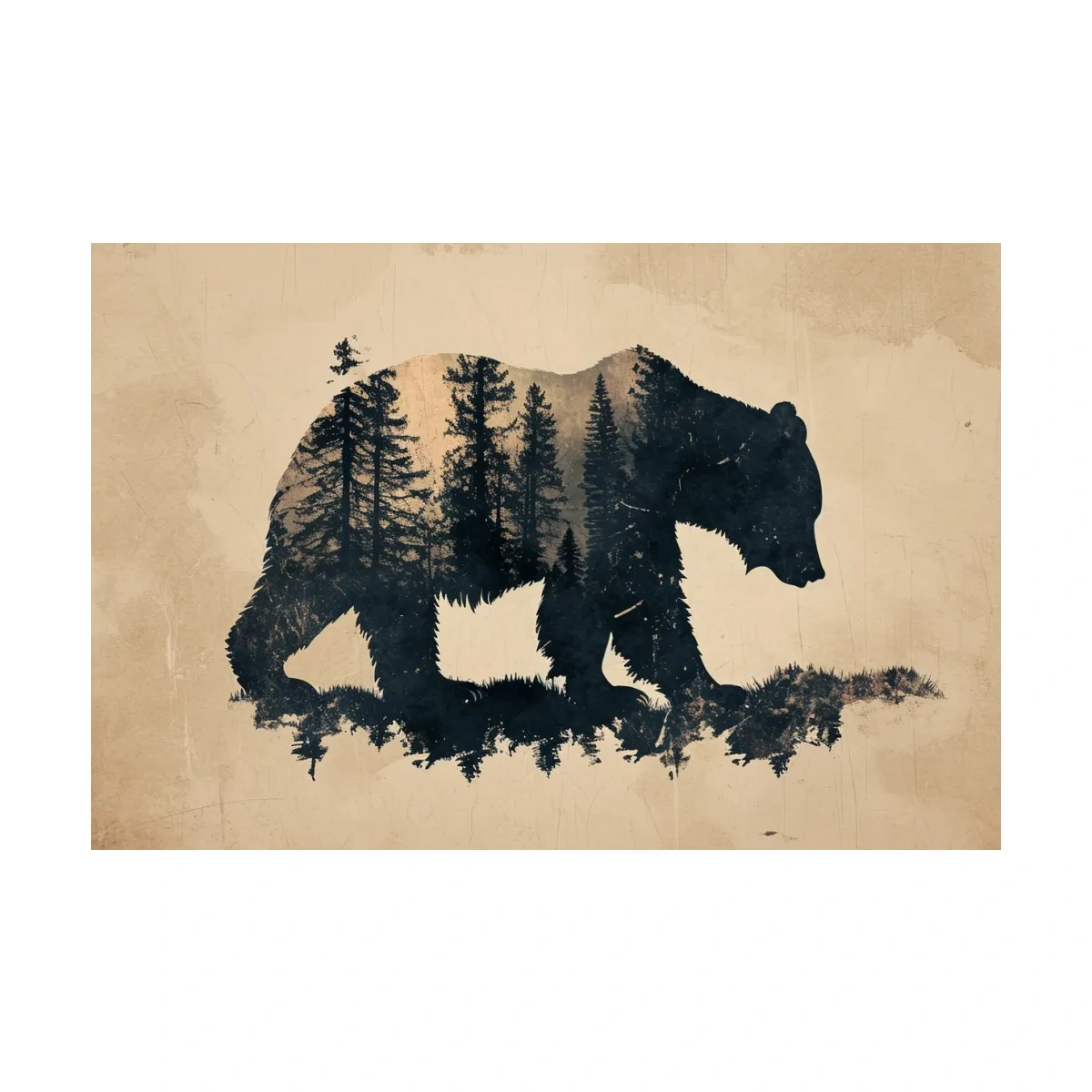 Vintage Grizzly Bear Forest Silhouette - Rustic Sepia Double Exposure Wildlife Wall Art