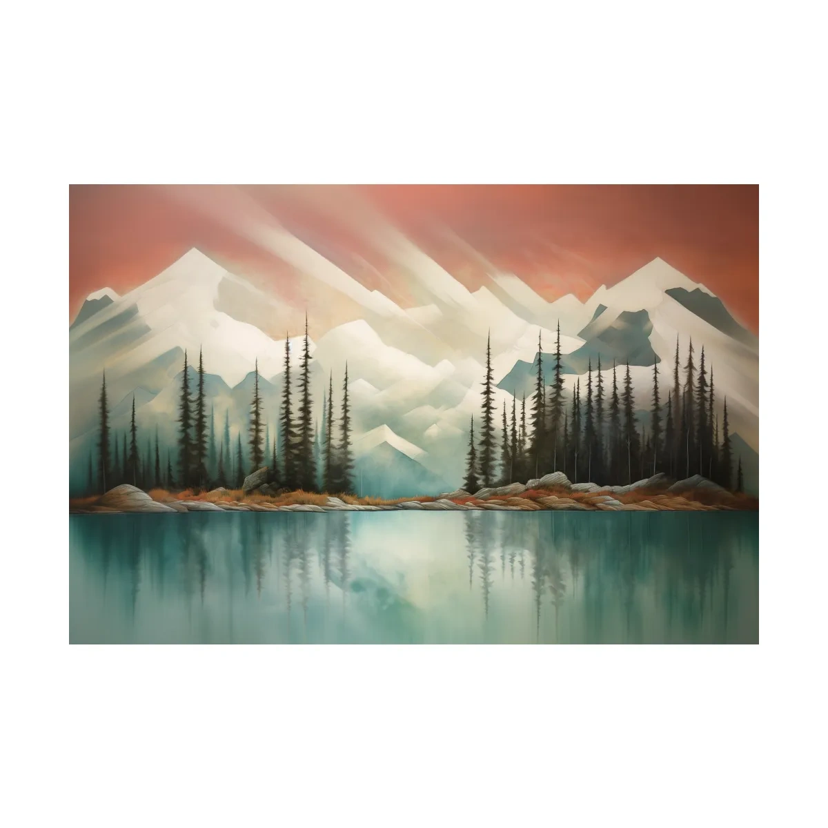 Abstract Alpine Lake Landscape Painting - Serene Pine Forest Mountain Wall Art