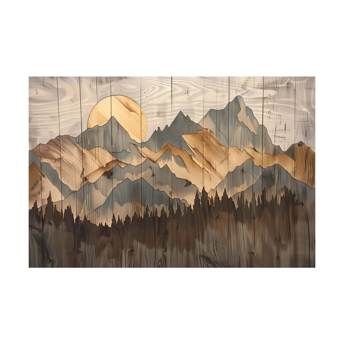 Rustic Mountain Range Sunrise - Woodgrain Style Forest Wall Art