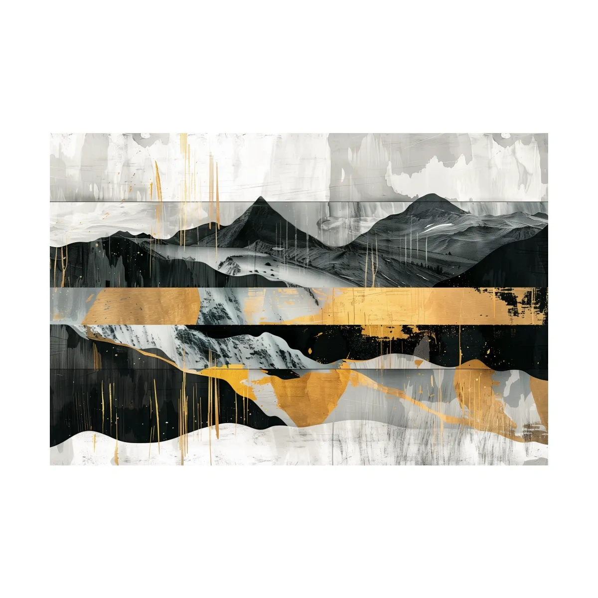 Abstract Monochrome Mountain Range With Gold Accents - Modern Mixed Media Landscape Wall Art