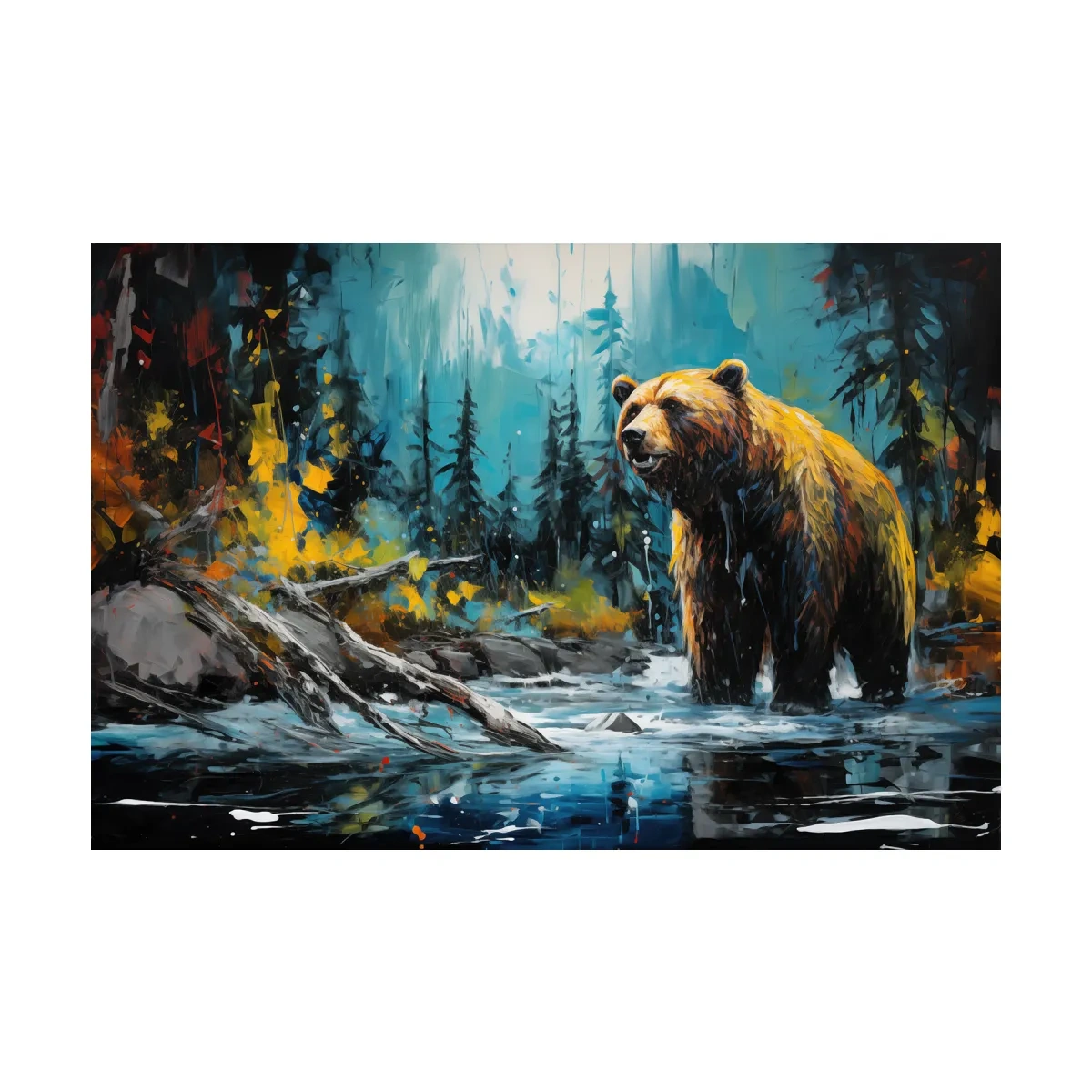 Grizzly Bear Forest River Painting - Vibrant Wildlife Nature Wall Art
